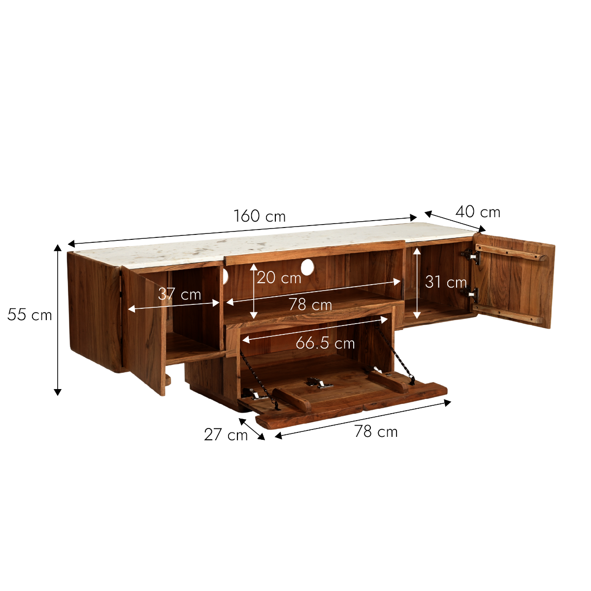 Meuble TV en bois d'acacia et marbre Tara
