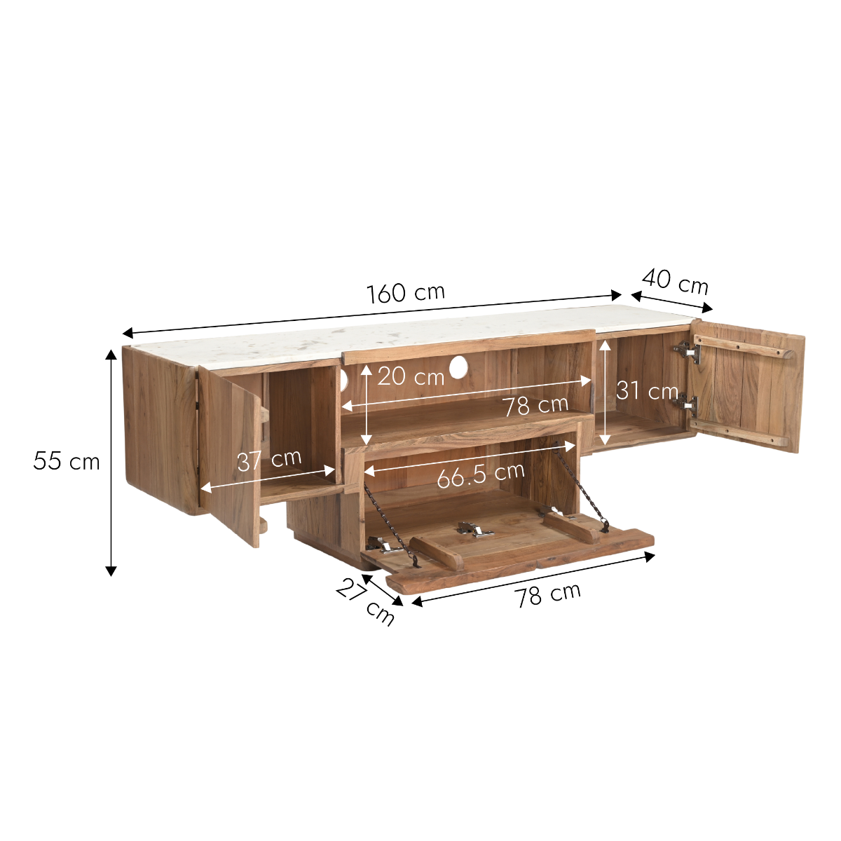 Meuble TV en bois d'acacia et marbre Tara