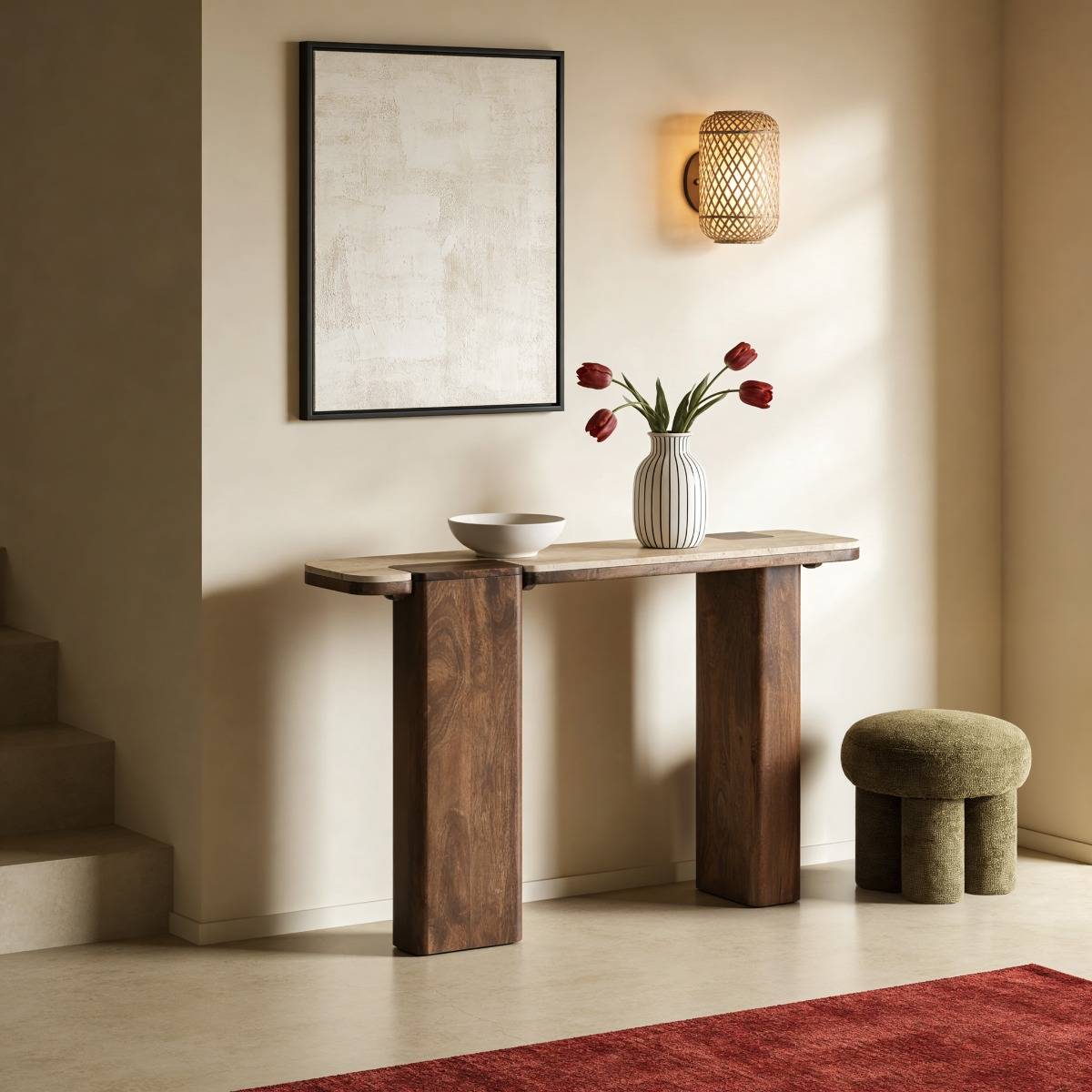 Console en bois de manguier et travertin Carola