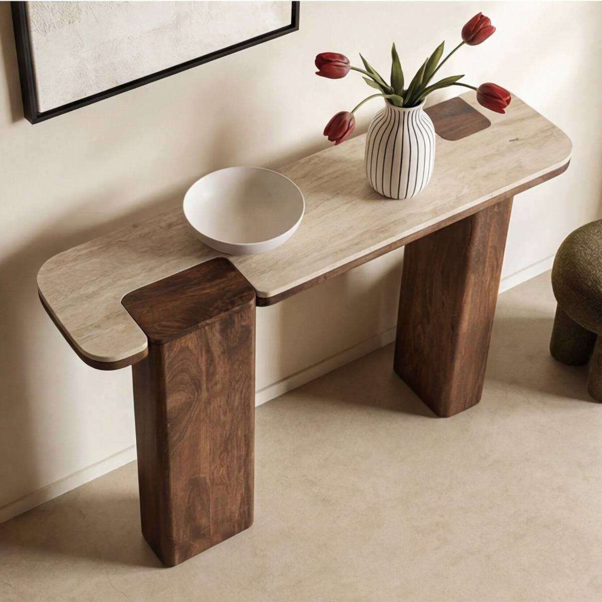 Console en bois de manguier et travertin Carola