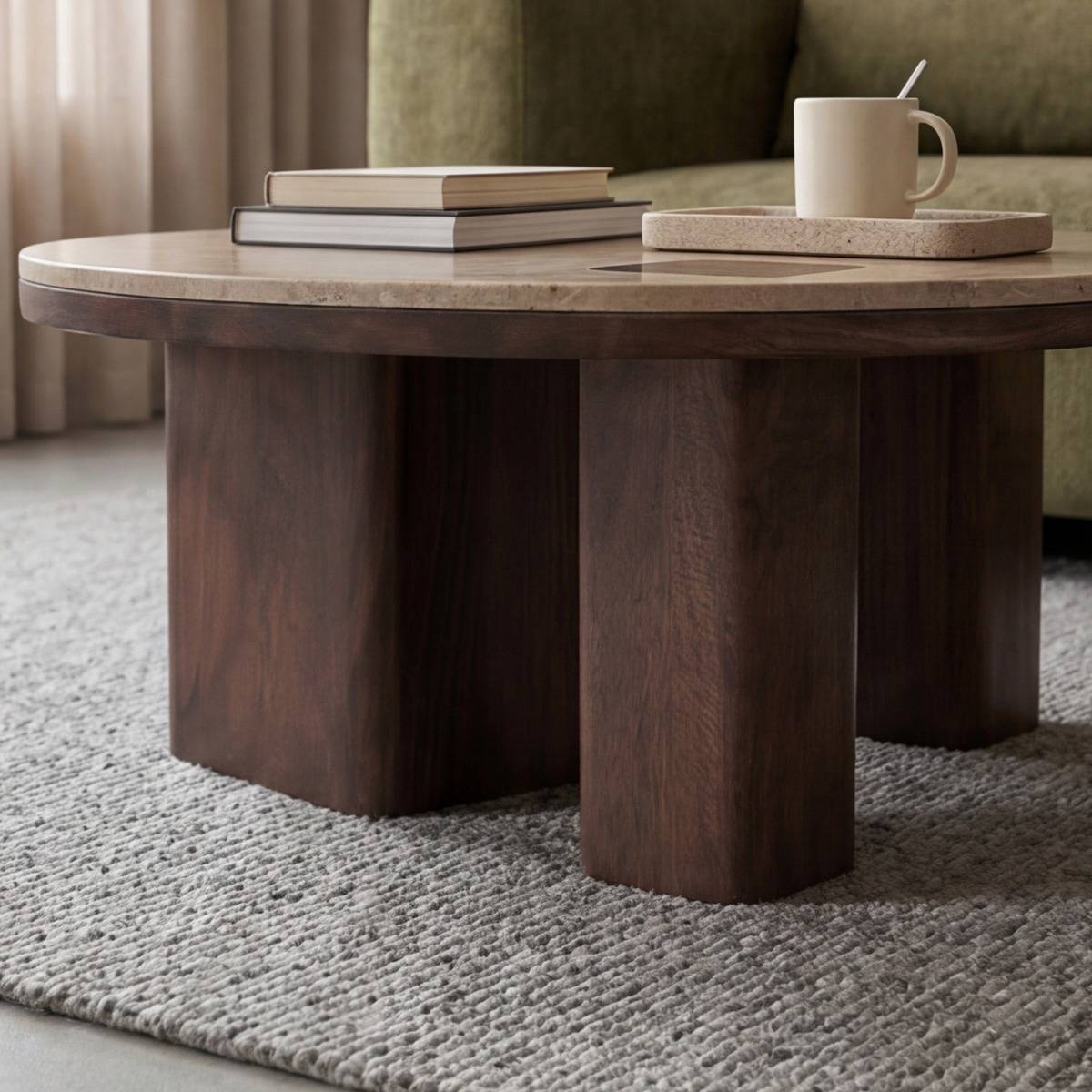 Table basse ronde en bois de manguier et travertin Carola