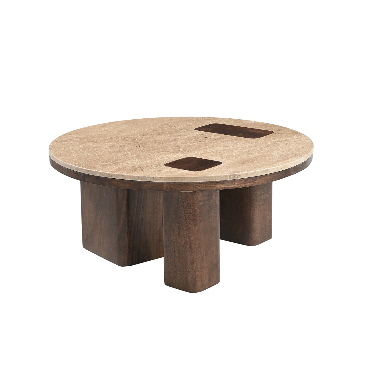 Table basse ronde en bois de manguier et travertin Carola