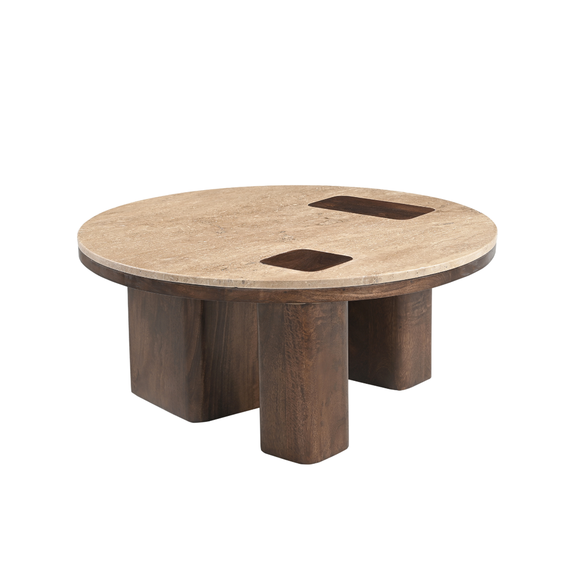Table basse ronde en bois de manguier et travertin Carola