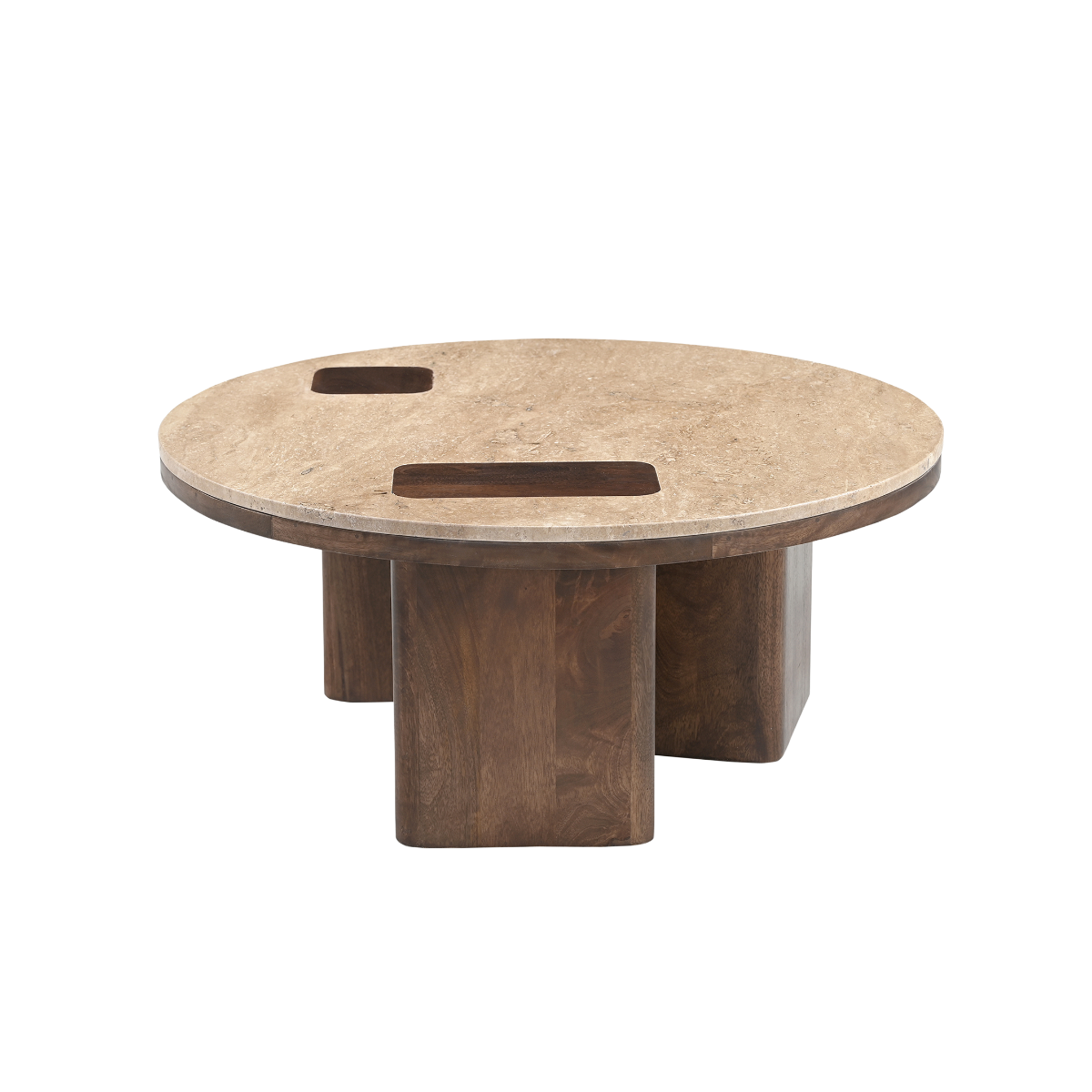 Table basse ronde en bois de manguier et travertin Carola