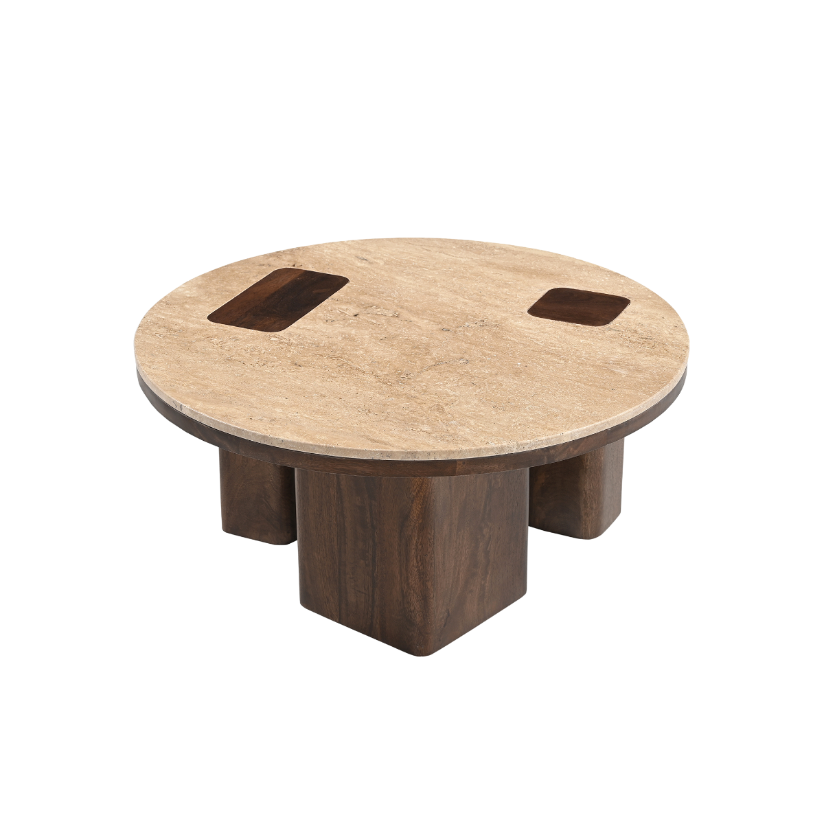 Table basse ronde en bois de manguier et travertin Carola