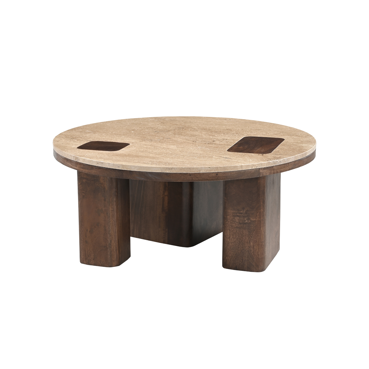 Table basse ronde en bois de manguier et travertin Carola