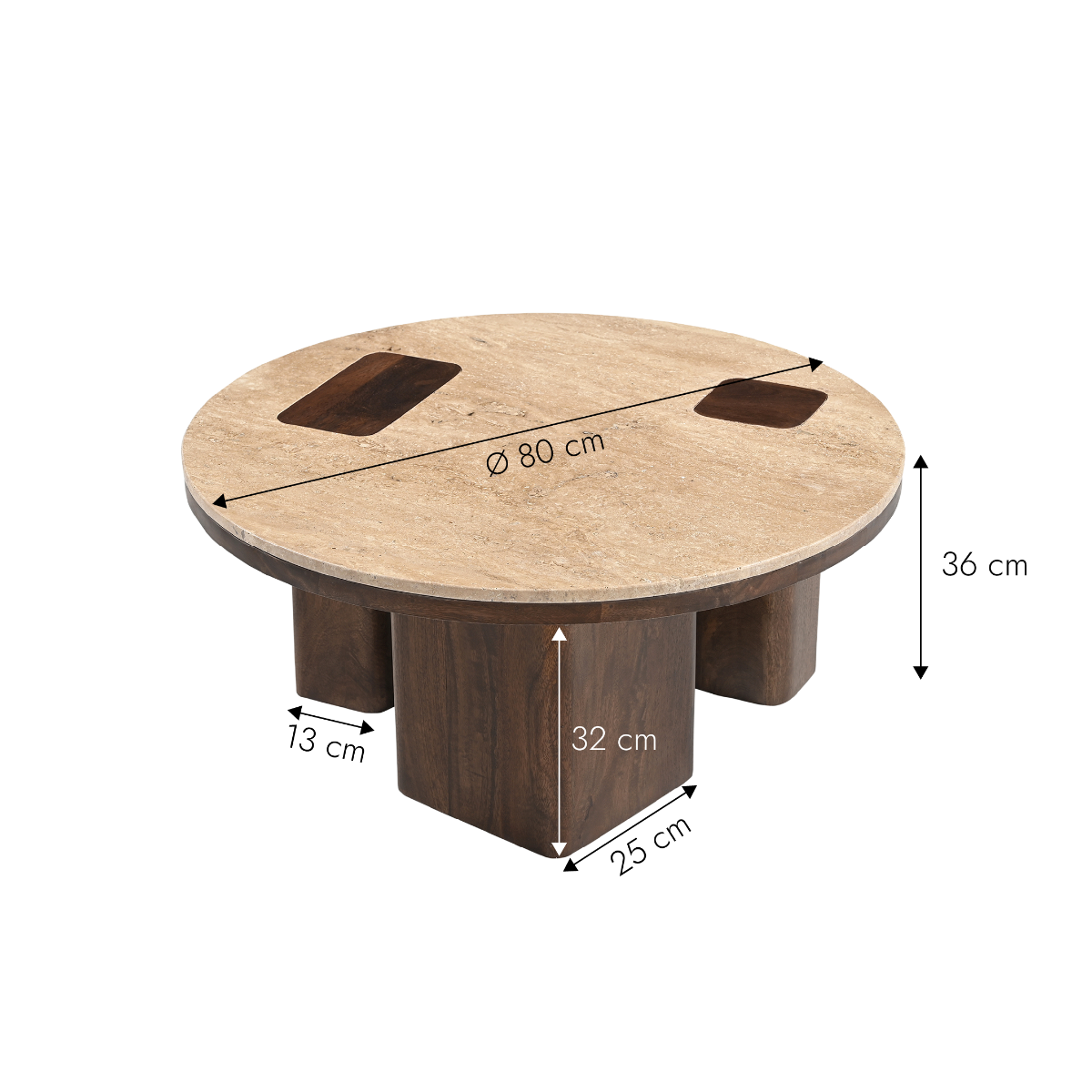 Table basse ronde en bois de manguier et travertin Carola