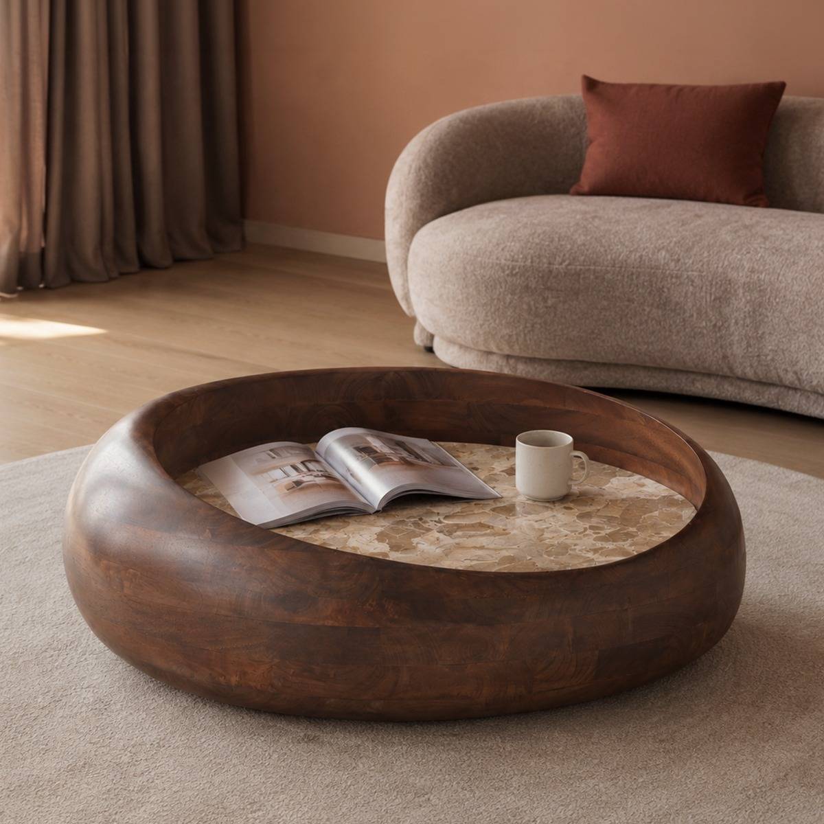Table basse ronde en bois de manguier et en marbre Agnès