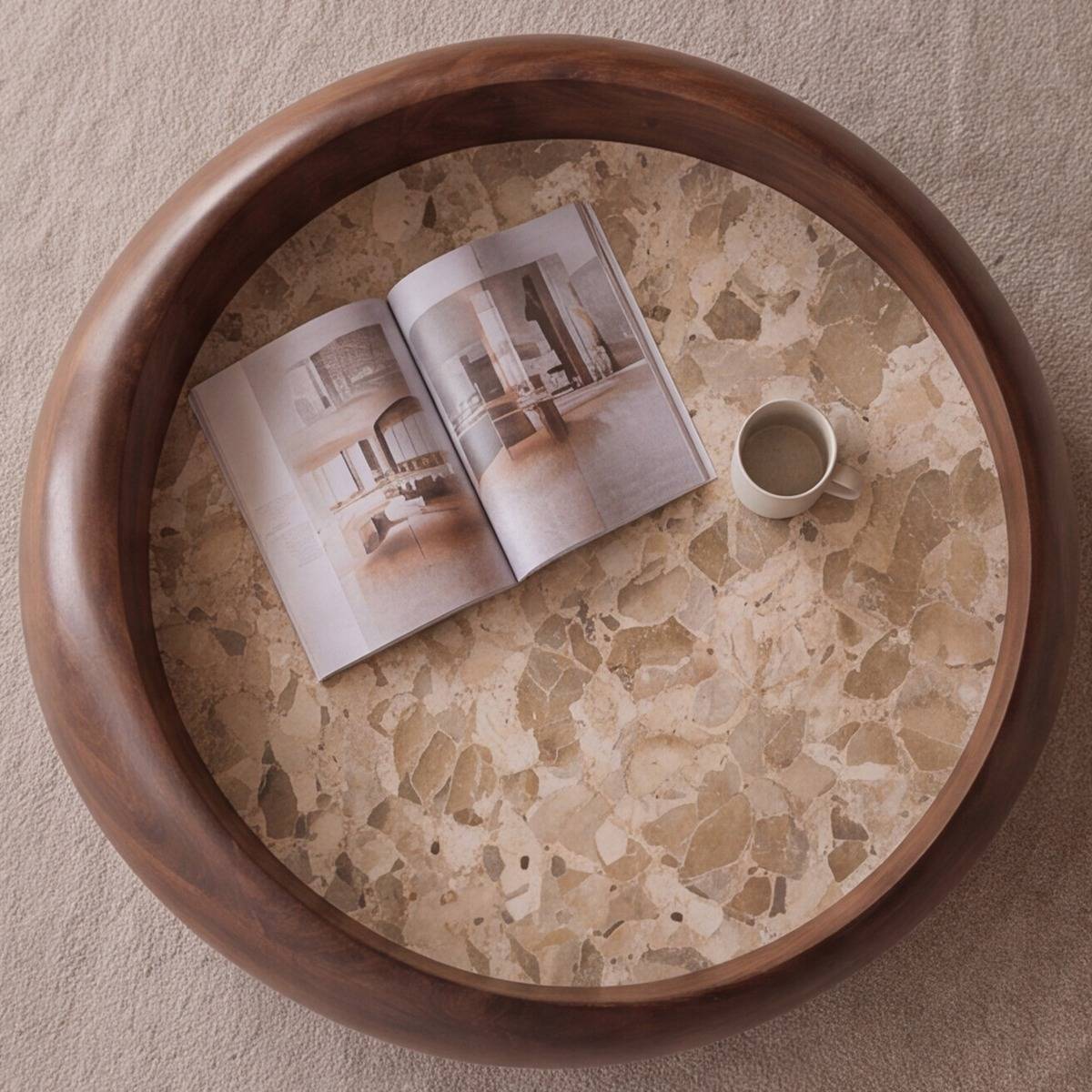 Table basse ronde en bois de manguier et en marbre Agnès