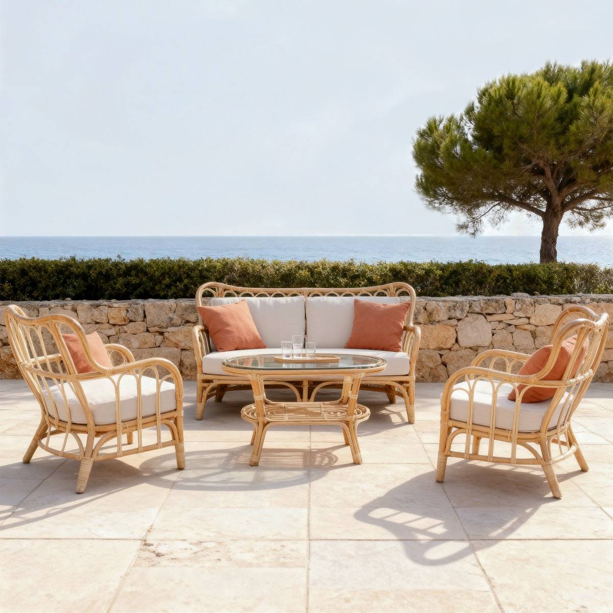 Salon de jardin en rotin et tissu blanc Rattan