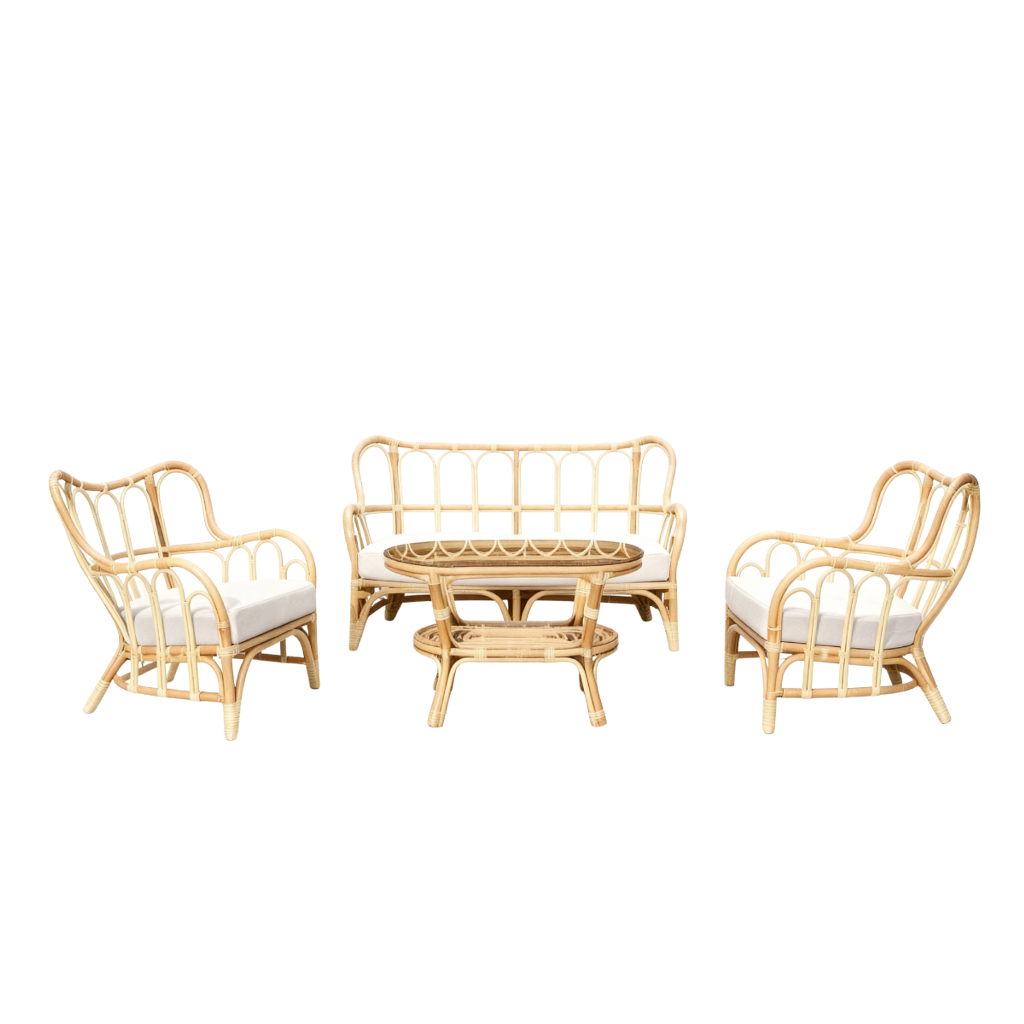 Salon de jardin en rotin et tissu blanc Rattan