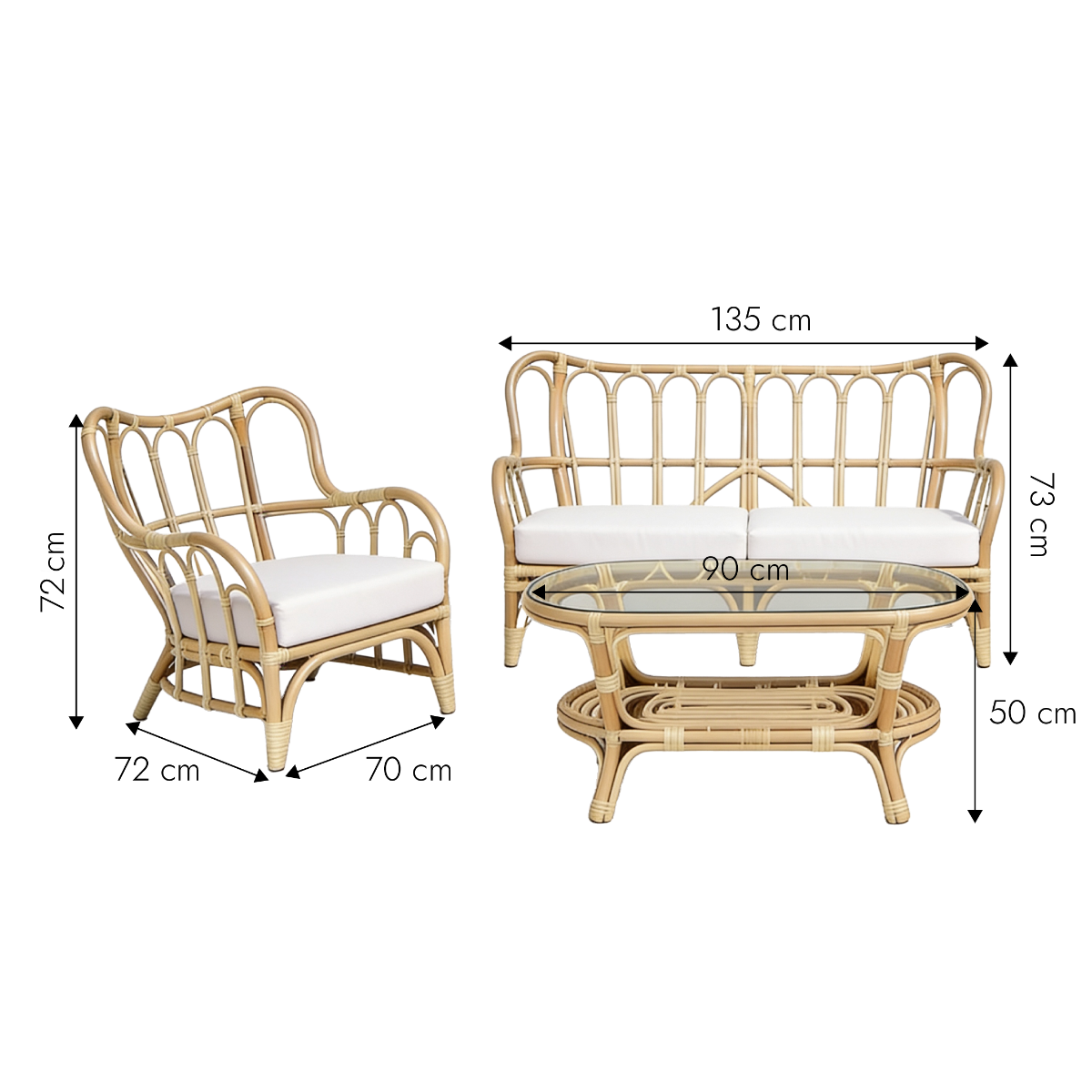 Salon de jardin en rotin et tissu blanc Rattan
