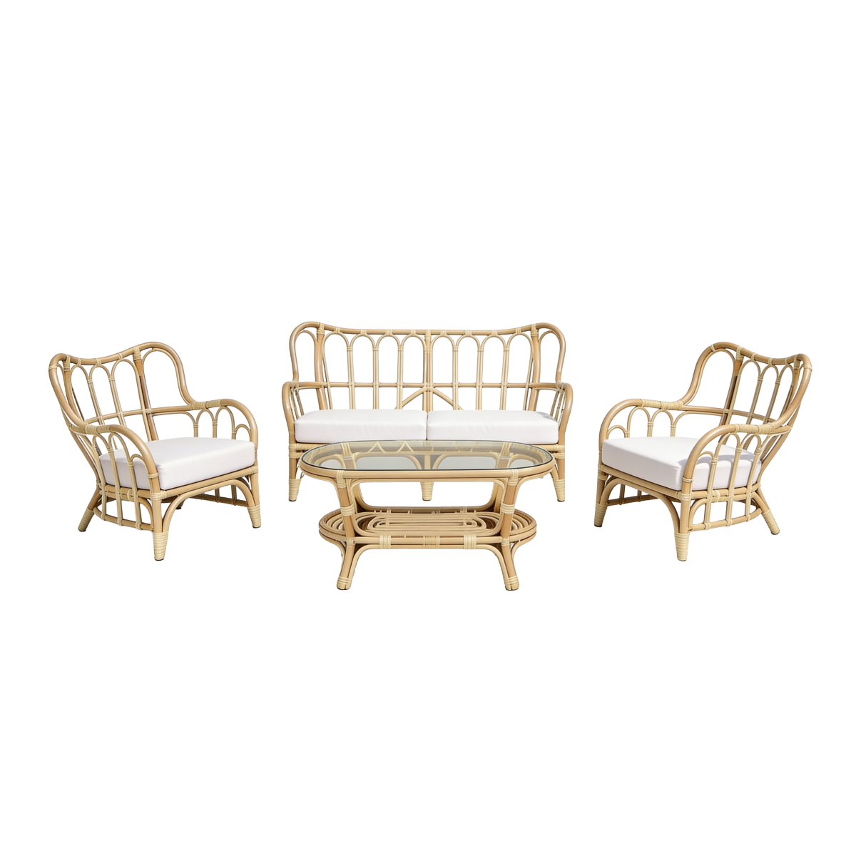 Salon de jardin en rotin et tissu blanc Rattan