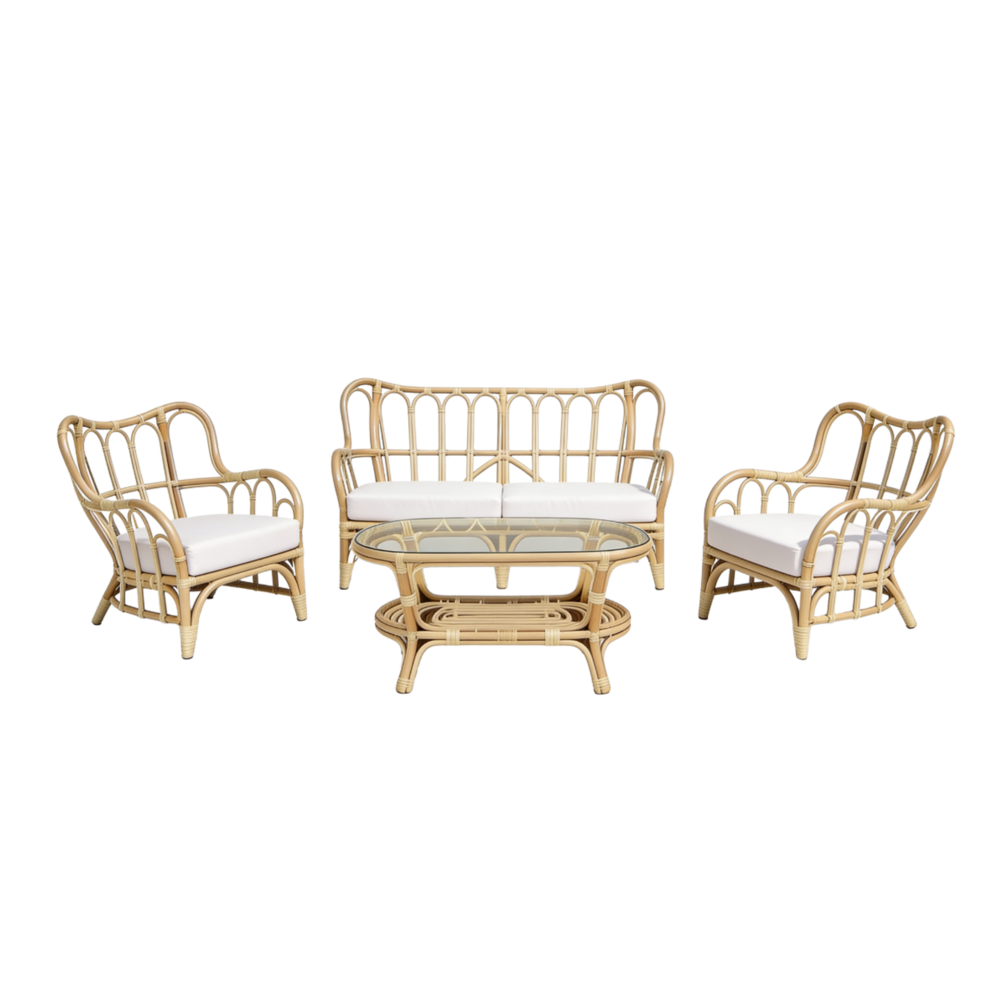 Salon de jardin en rotin et tissu blanc Rattan