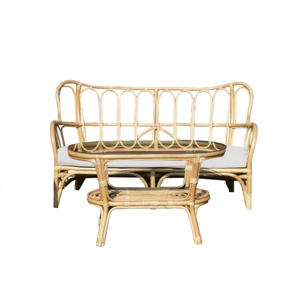 Salon de jardin en rotin et tissu blanc Rattan