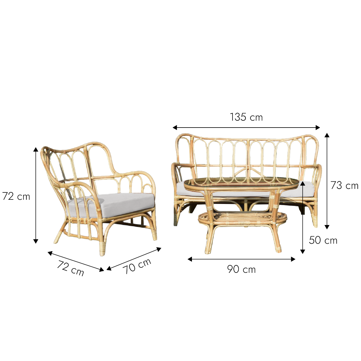 Salon de jardin en rotin et tissu blanc Rattan