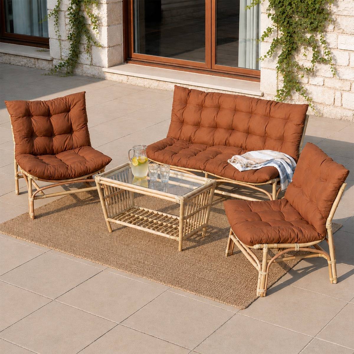 Salon de jardin en rotin avec coussins terracotta Rattan