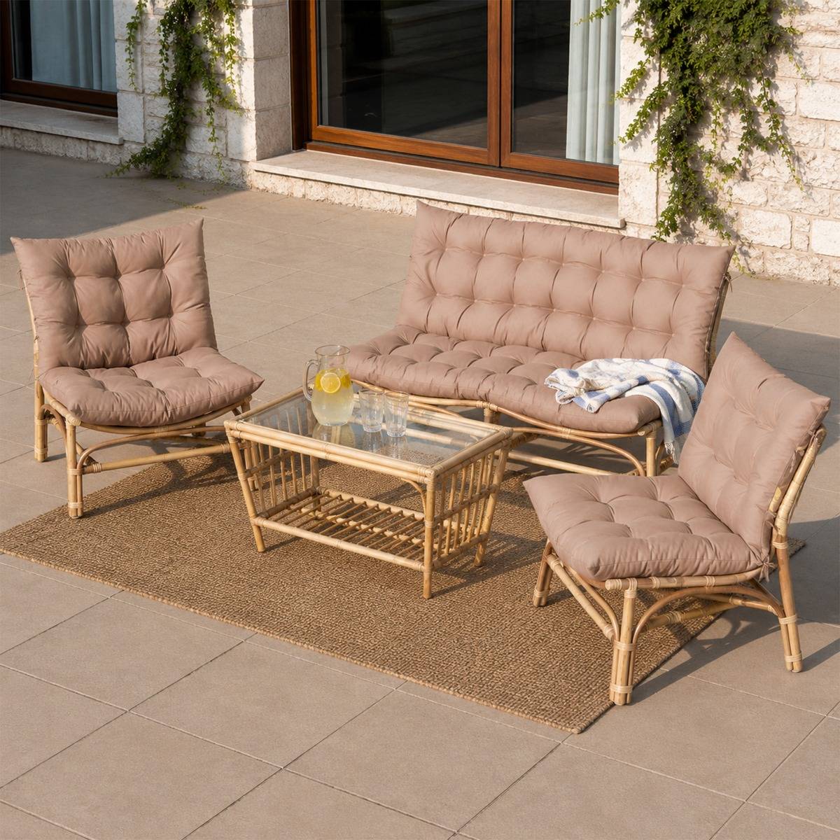 Salon de jardin en rotin avec coussins taupe Rattan