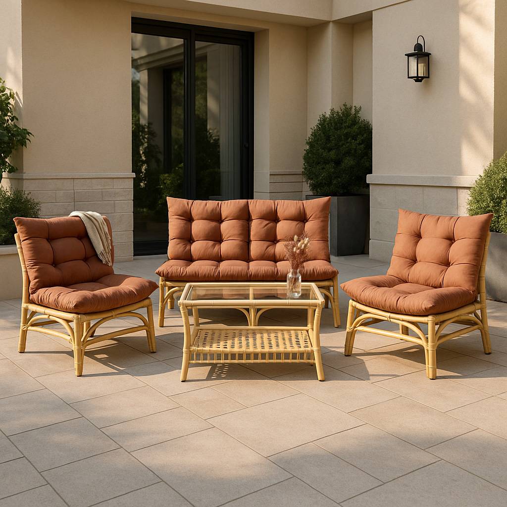 Salon de jardin en rotin avec coussins terracotta Rattan
