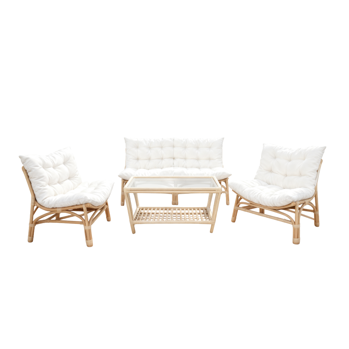 Salon de jardin en rotin avec coussins blancs Rattan