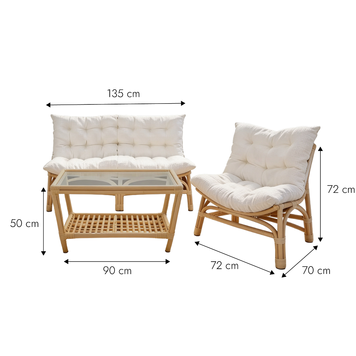 Salon de jardin en rotin avec coussins blancs Rattan