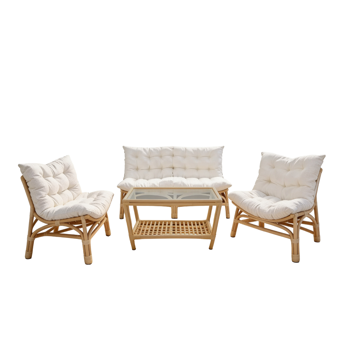 Salon de jardin en rotin avec coussins blancs Rattan