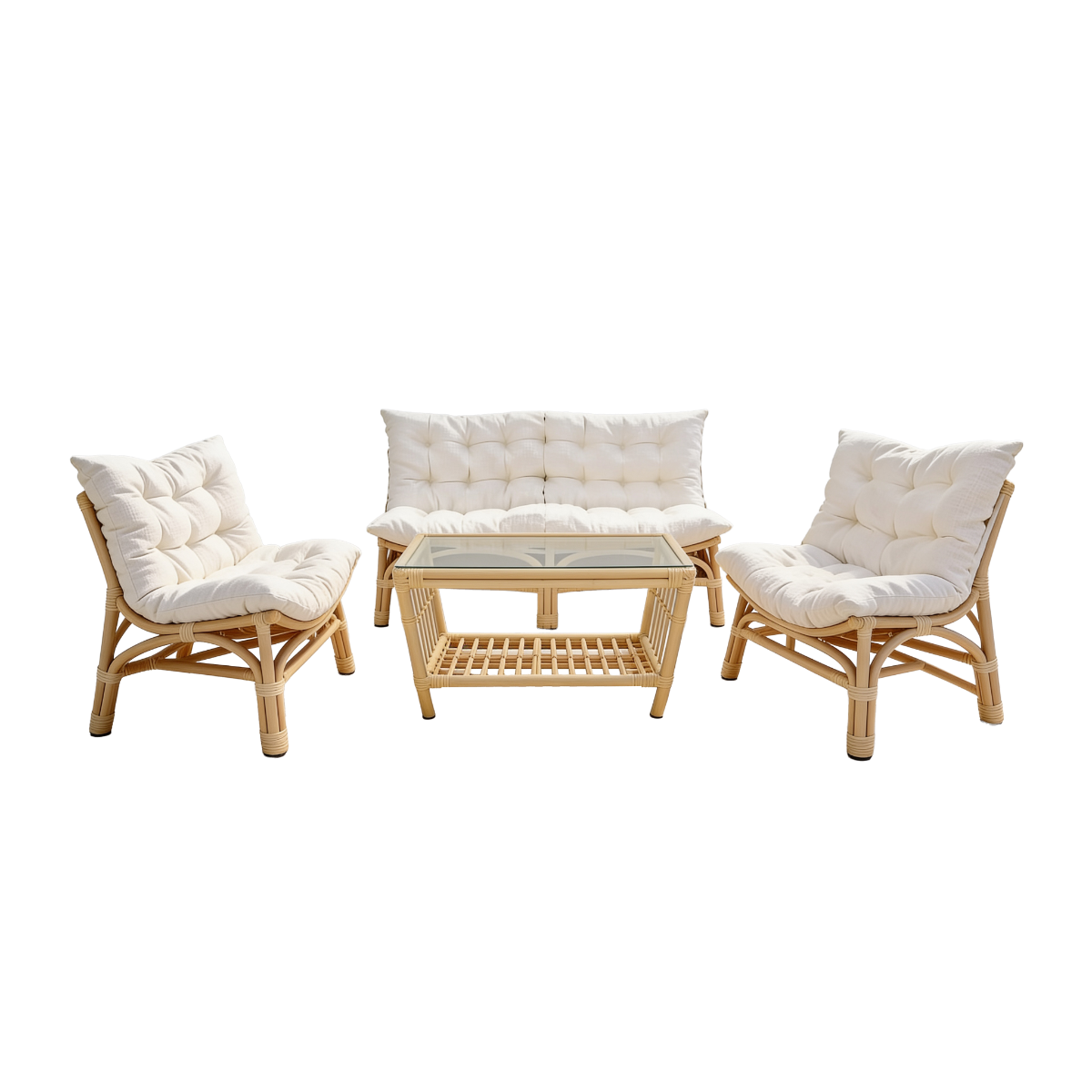 Salon de jardin en rotin avec coussins blancs Rattan