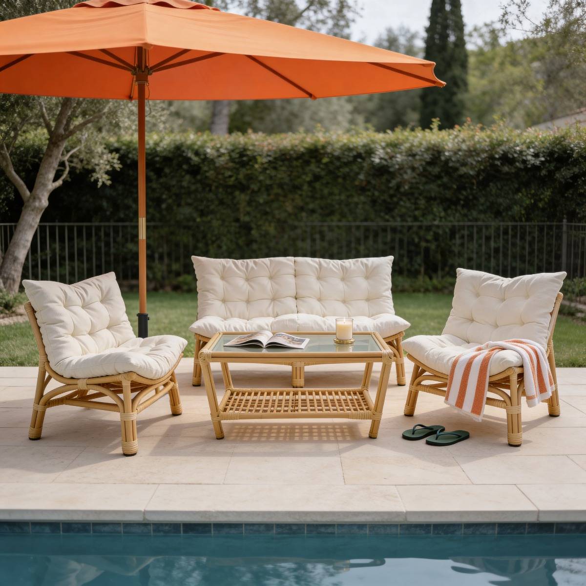 Salon de jardin en rotin avec coussins blancs Rattan