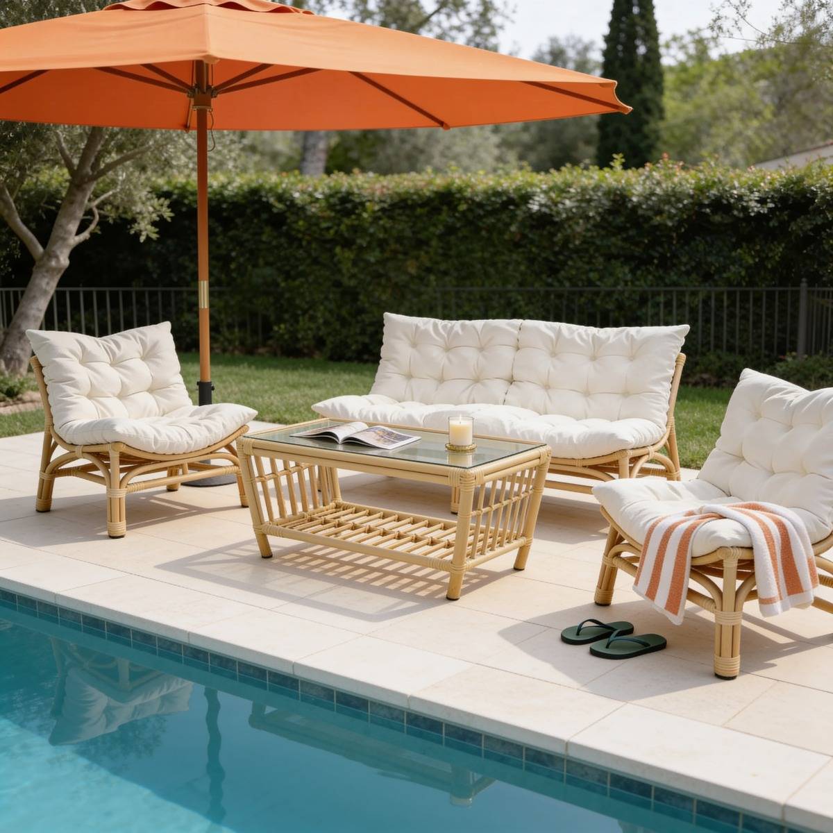 Salon de jardin en rotin avec coussins blancs Rattan