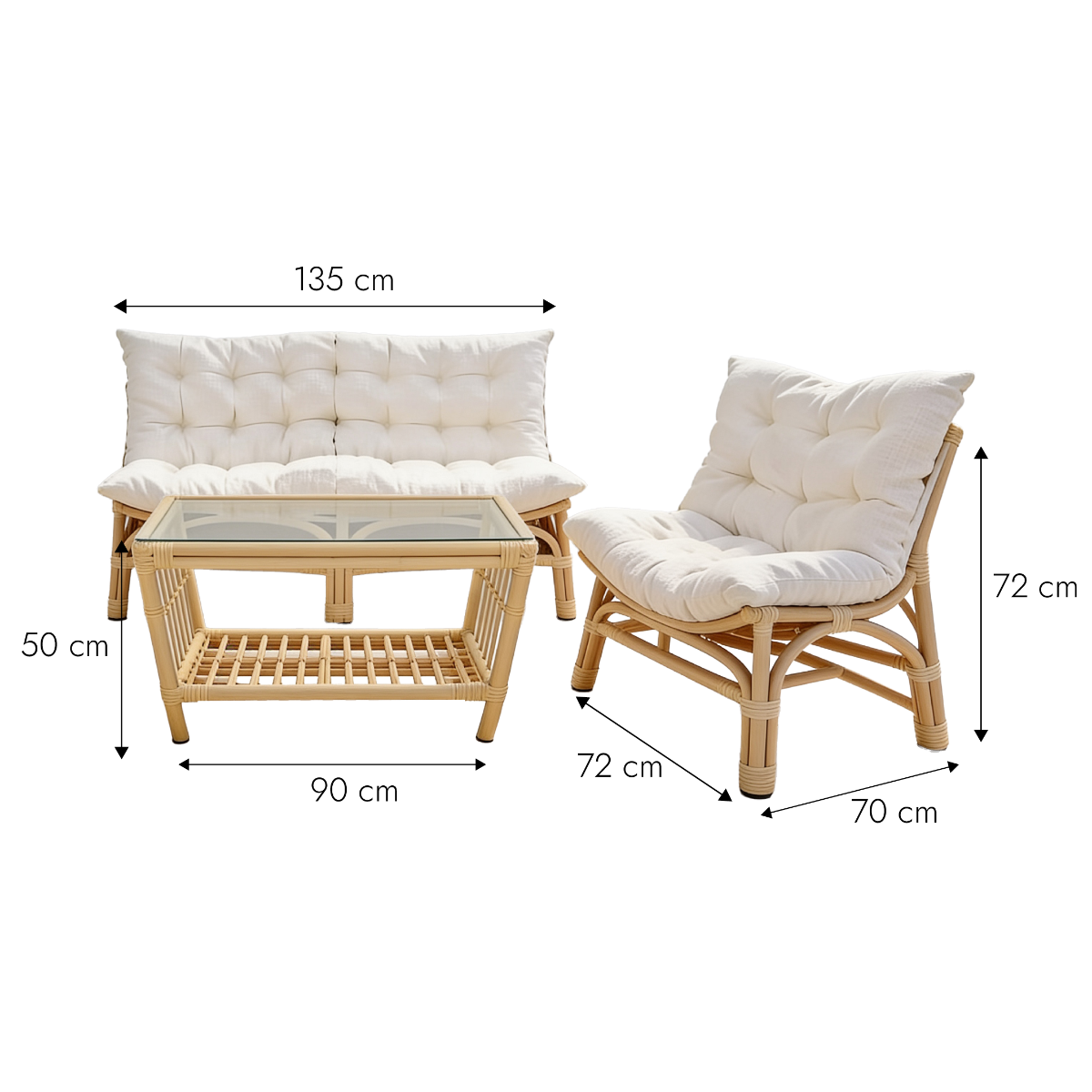 Salon de jardin en rotin avec coussins blancs Rattan