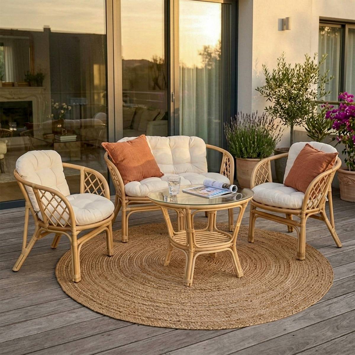 Salon de jardin en rotin et tissu blanc 4 places Rattan