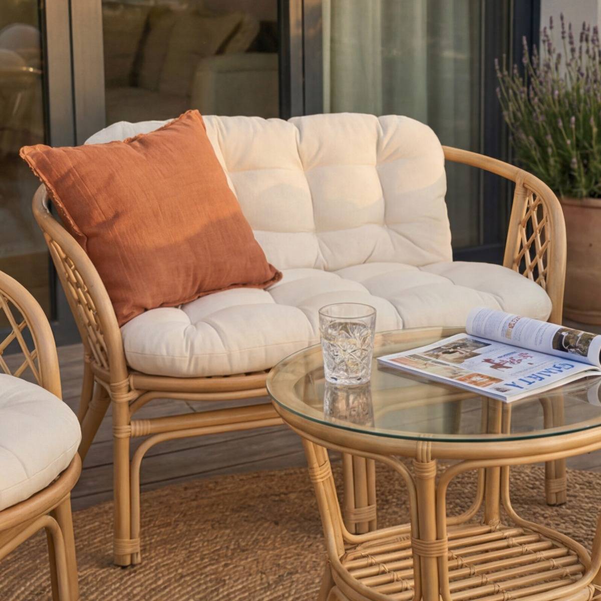 Salon de jardin en rotin et tissu blanc 4 places Rattan