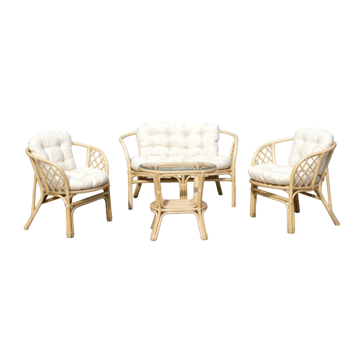 Salon de jardin en rotin et tissu blanc 4 places Rattan