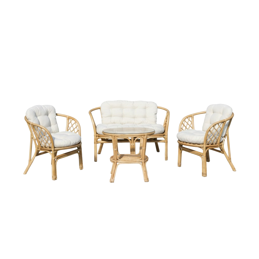 Salon de jardin en rotin et tissu blanc 4 places Rattan