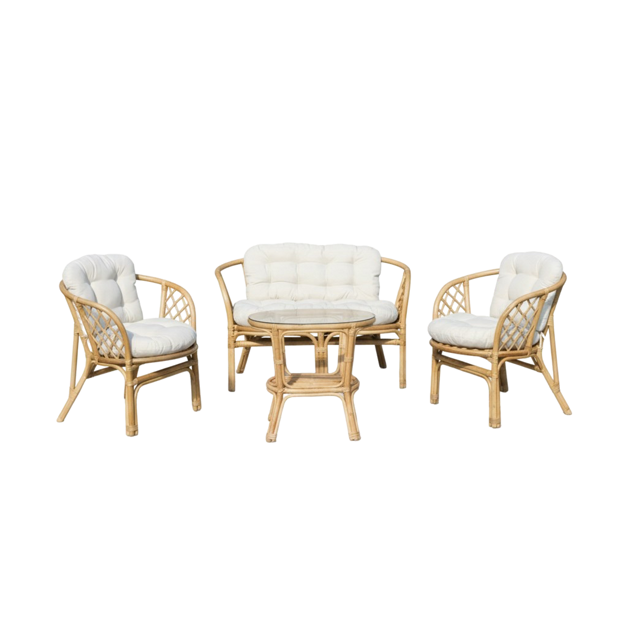 Salon de jardin en rotin et tissu blanc 4 places Rattan