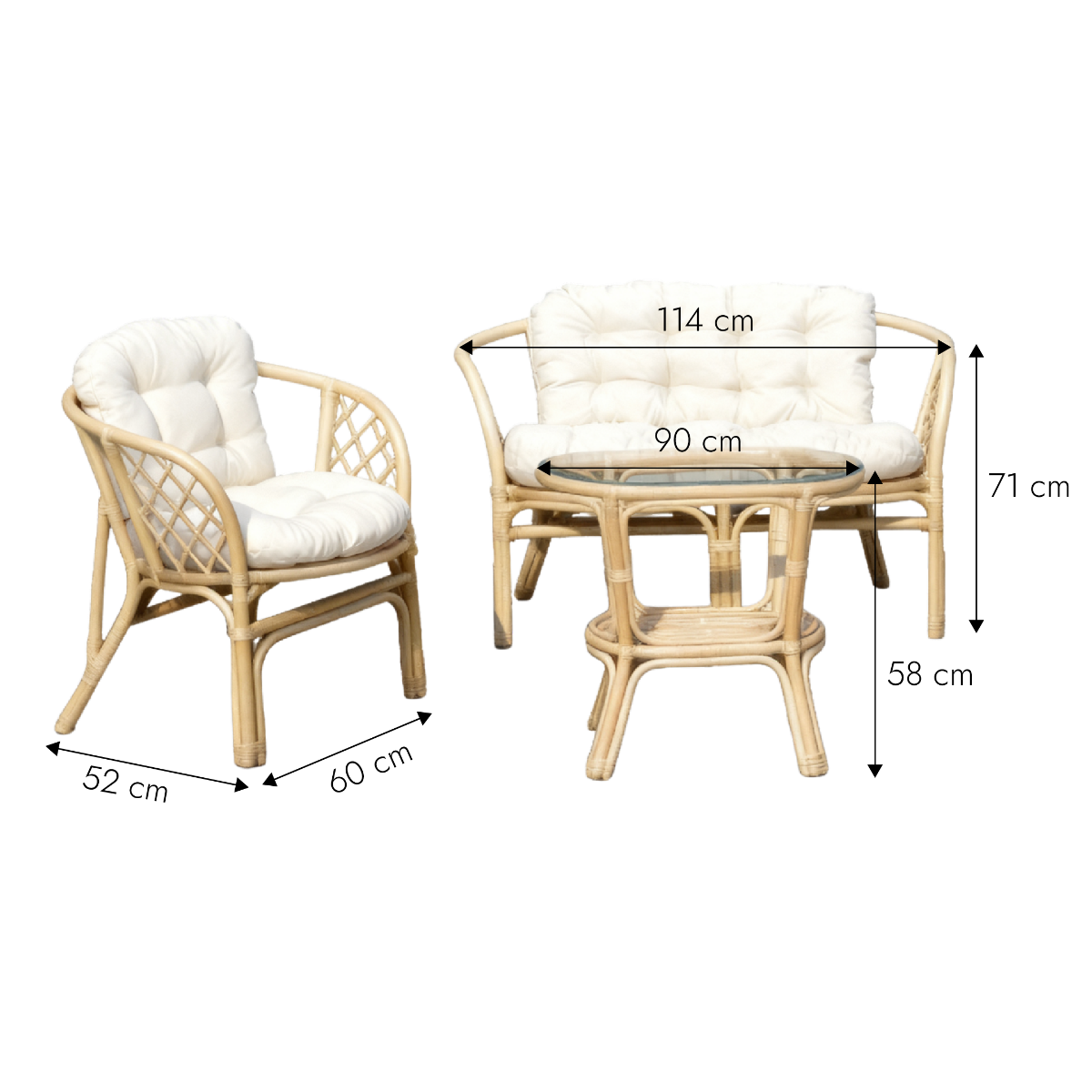 Salon de jardin en rotin et tissu blanc 4 places Rattan