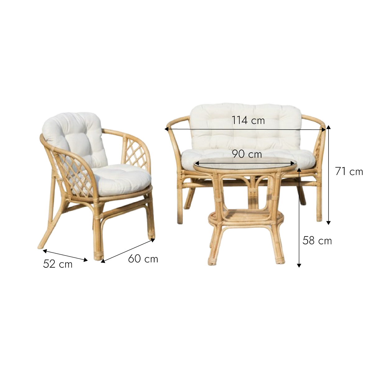 Salon de jardin en rotin et tissu blanc 4 places Rattan