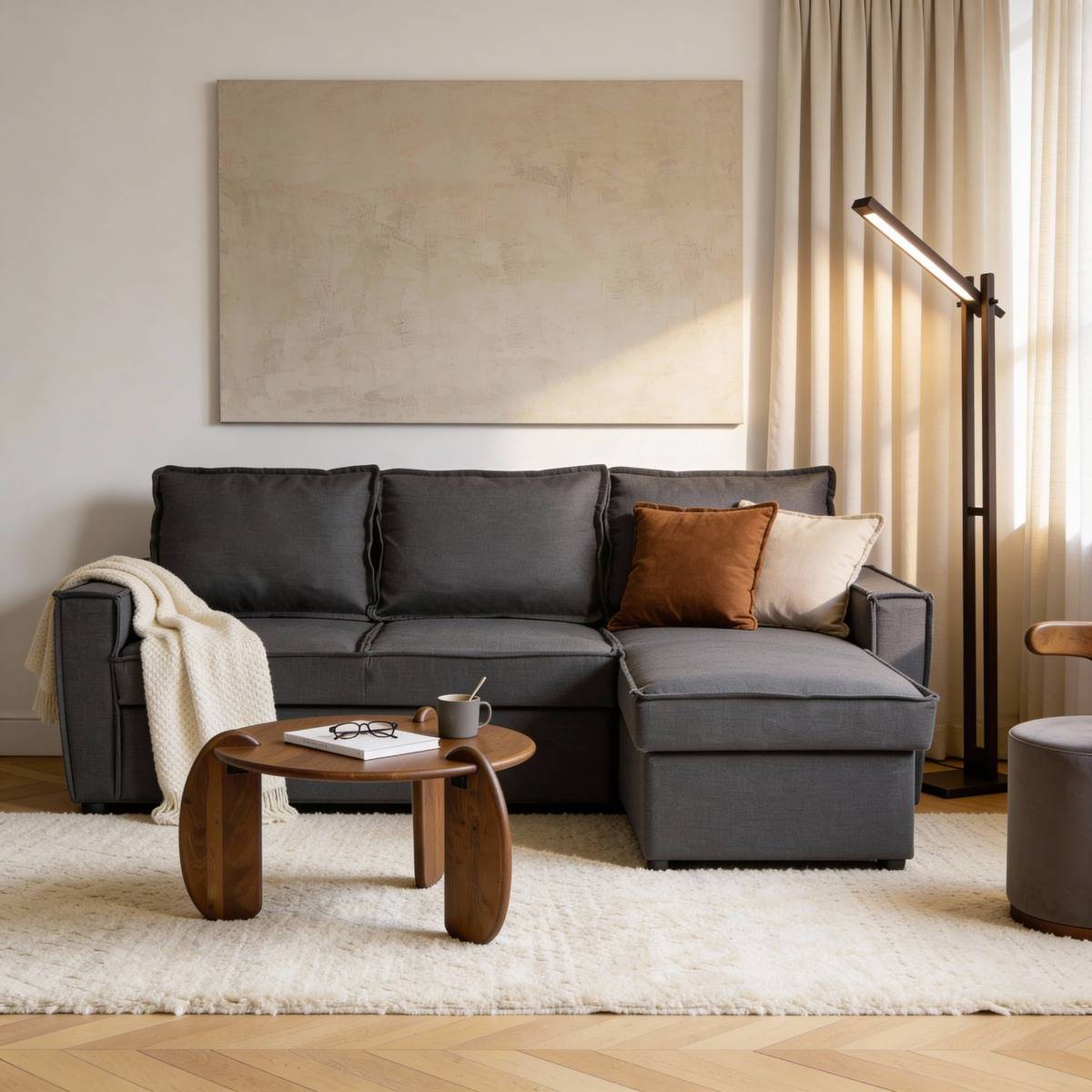 Canapé d'angle droit convertible 4 places en tissu gris Paris