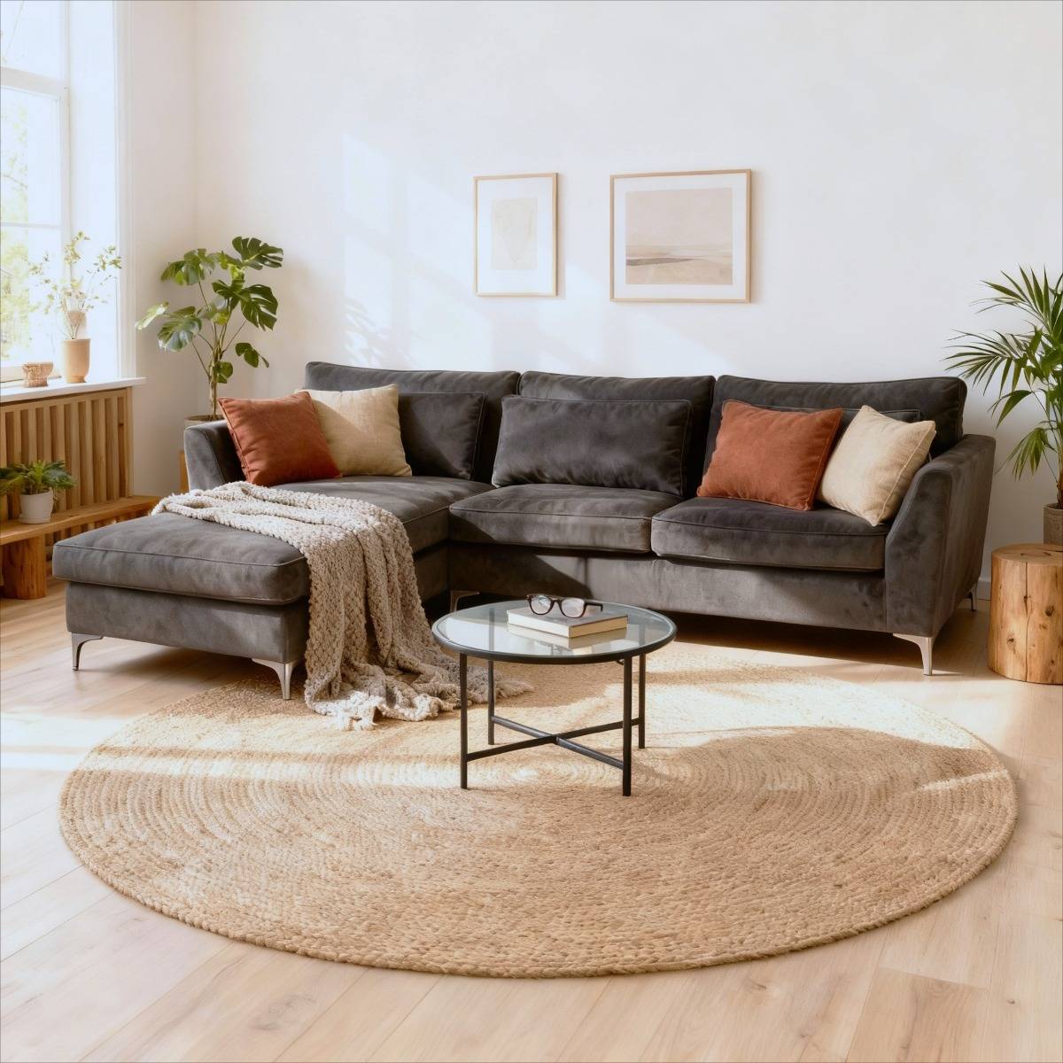 Canapé d'angle gauche 5 places en velours gris Agadir