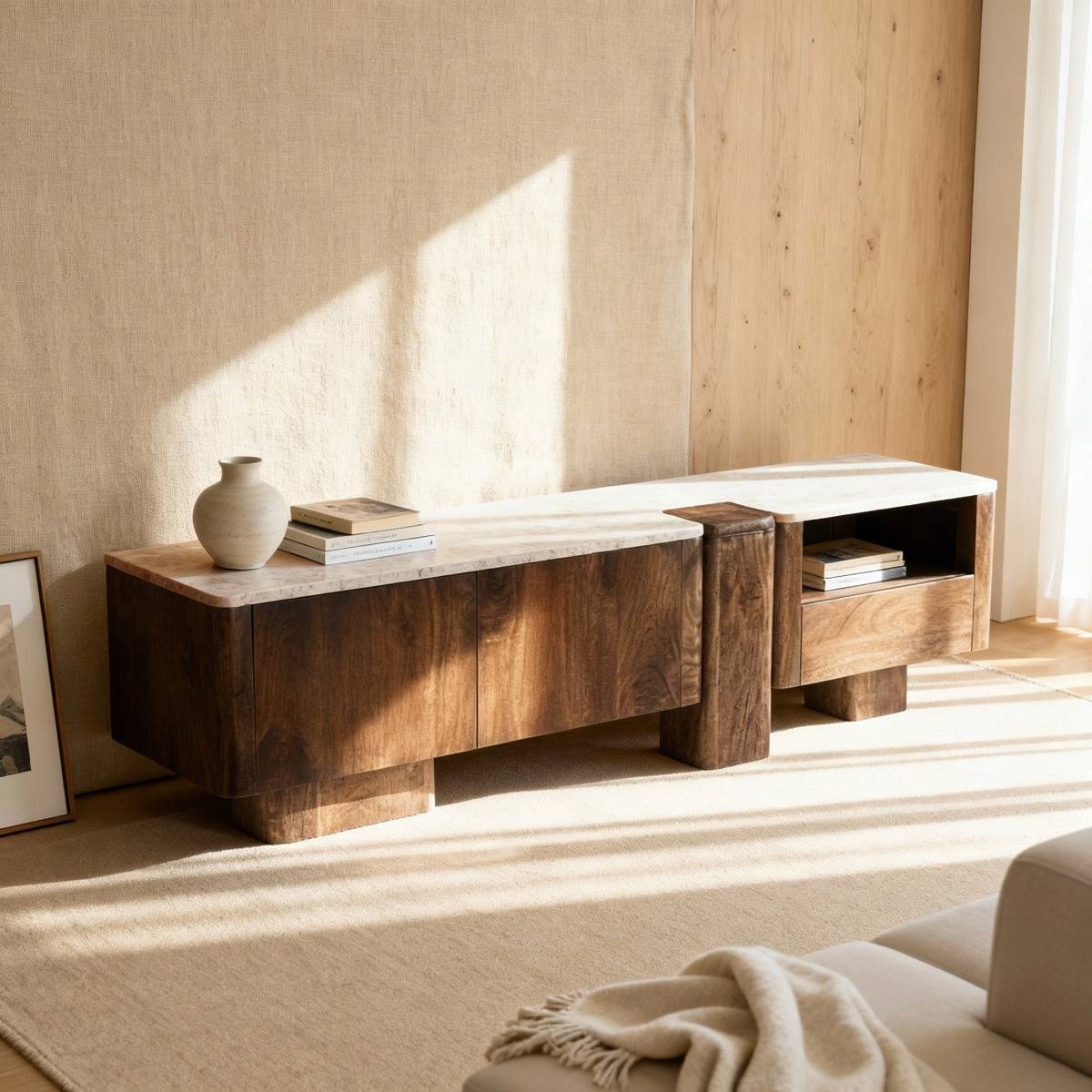 Meuble TV en bois de manguier et en travertin Carola