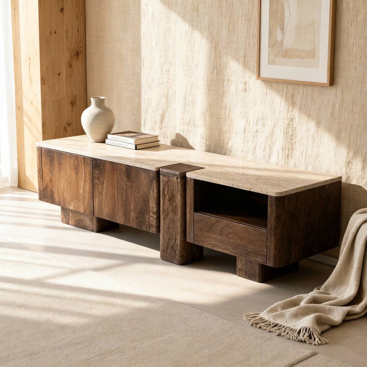 Meuble TV en bois de manguier et en travertin Carola