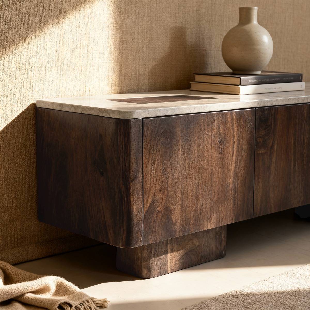 Meuble TV en bois de manguier et en travertin Carola