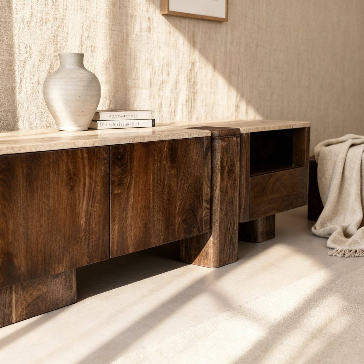 Meuble TV en bois de manguier et en travertin Carola