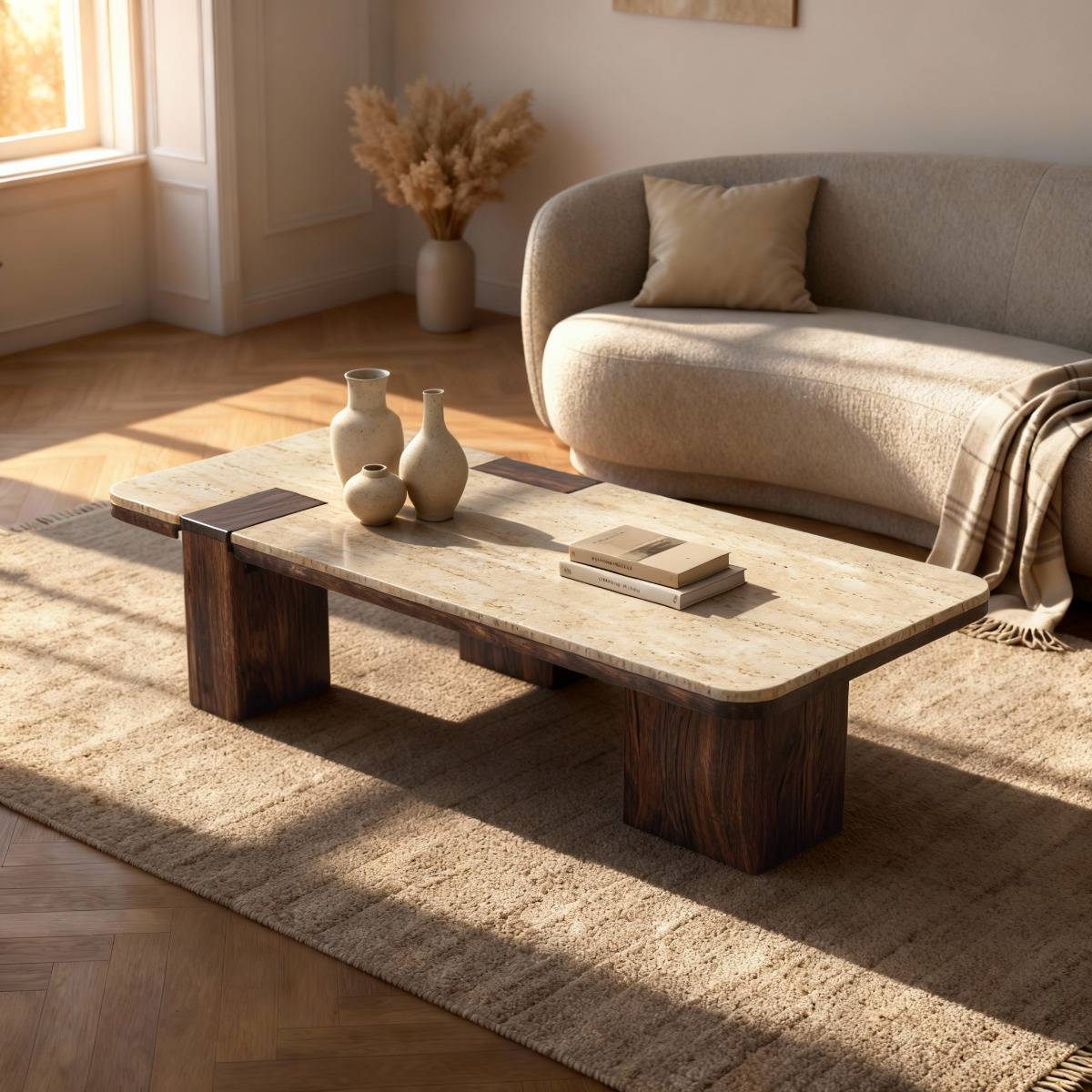 Table basse en bois de manguier et travertin Carola