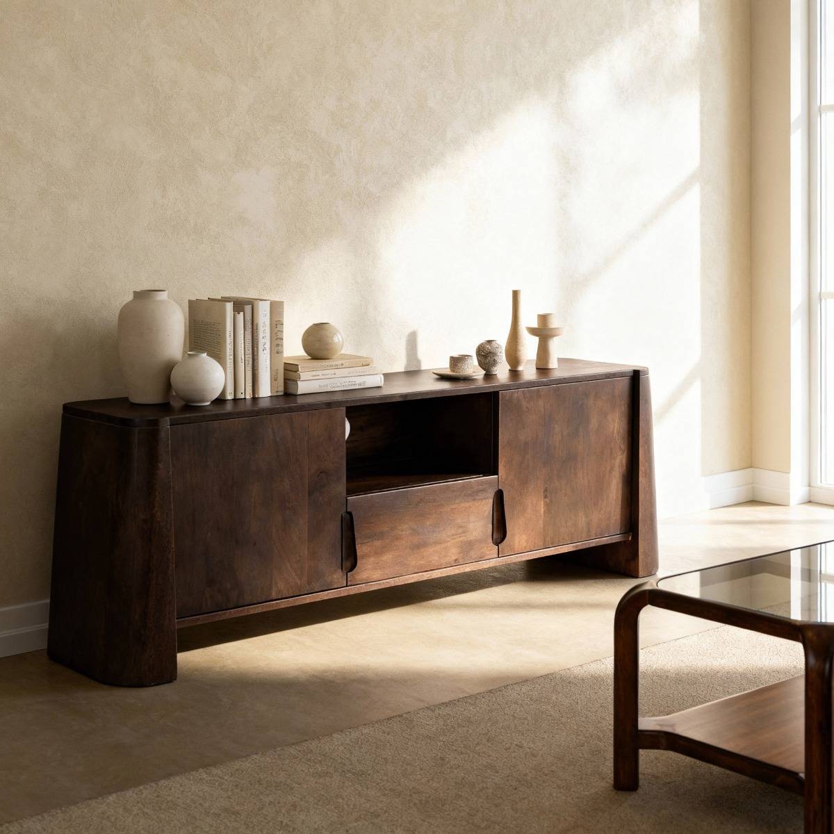 Meuble TV en bois de manguier foncé Liriel