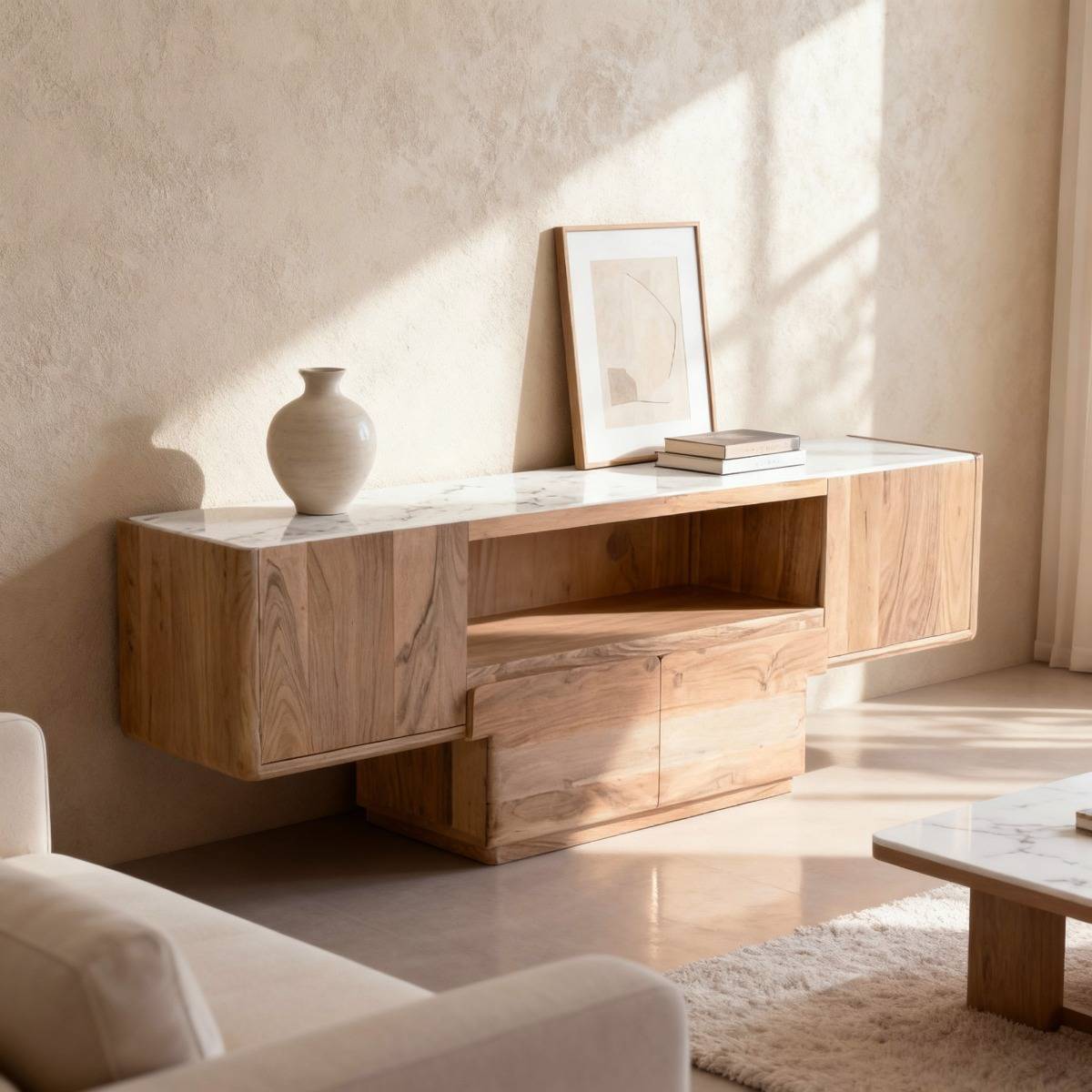 Meuble TV en bois d'acacia et marbre Tara