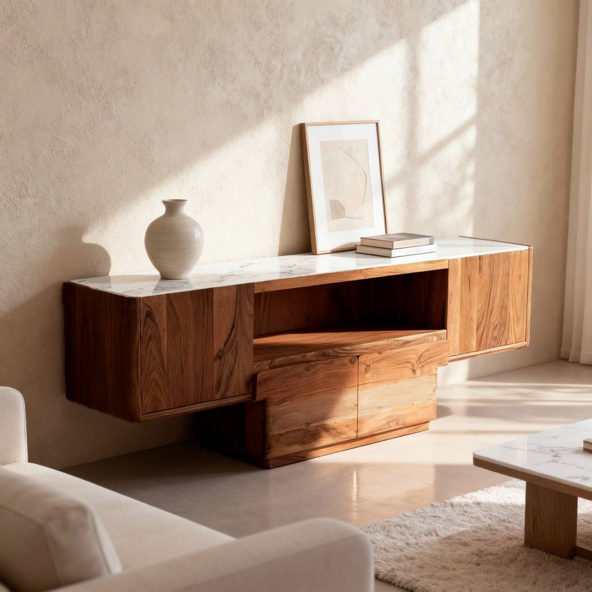 Meuble TV en bois d'acacia et marbre Tara