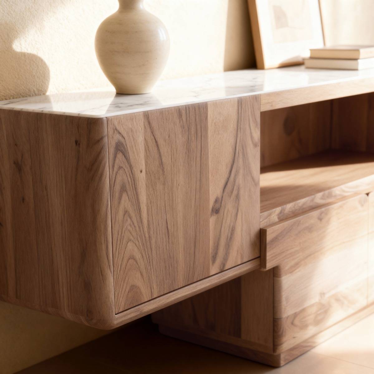 Meuble TV en bois d'acacia et marbre Tara