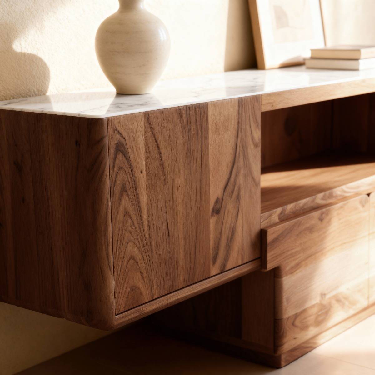 Meuble TV en bois d'acacia et marbre Tara
