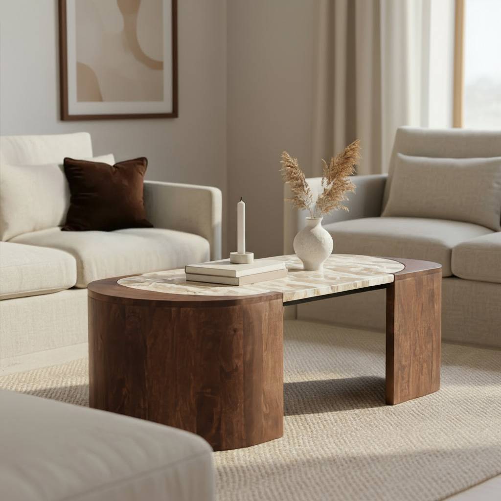 Table basse ovale en bois de manguier et marbre Agnès